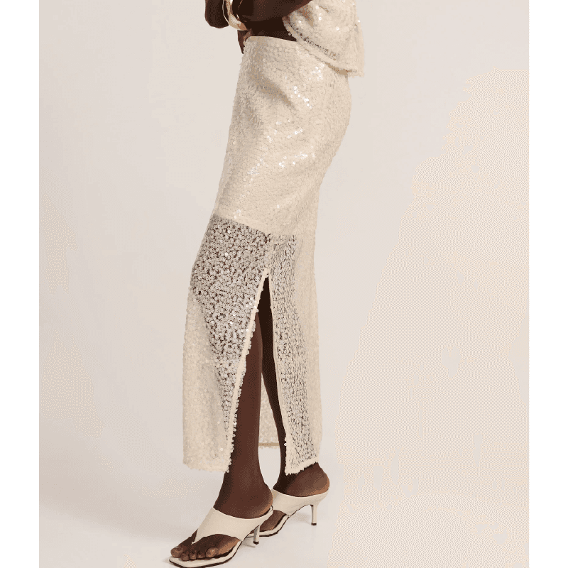 Saia Reta Long Midi em Paetê com Meio Forro Dourado