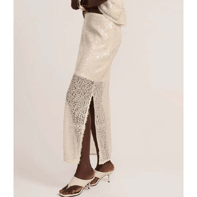 Saia Reta Long Midi em Paetê com Meio Forro Dourado