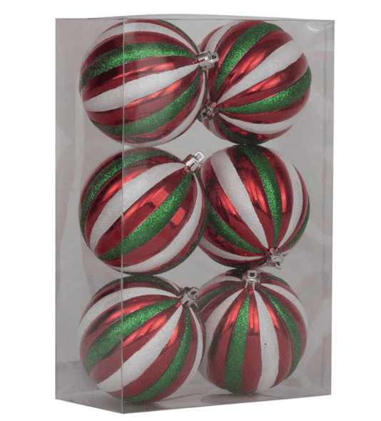 Kit bolas decorativas de natal 6 peças com listras vermelha 