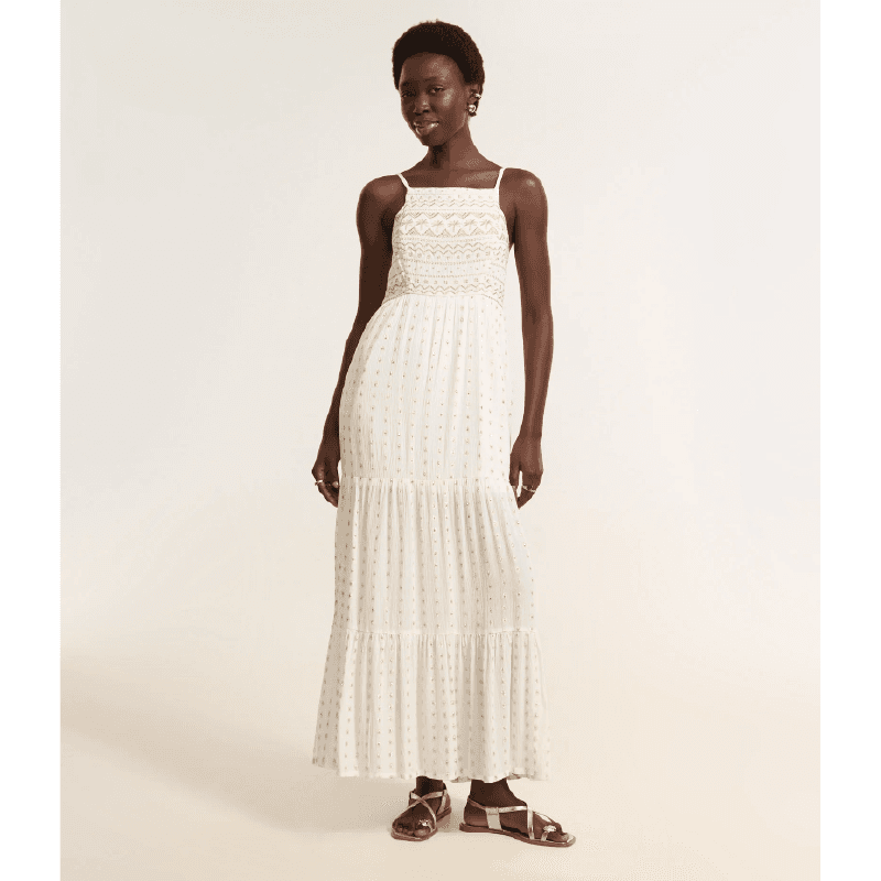 Vestido Longo em Crepe com Bordados Metalizados Branco