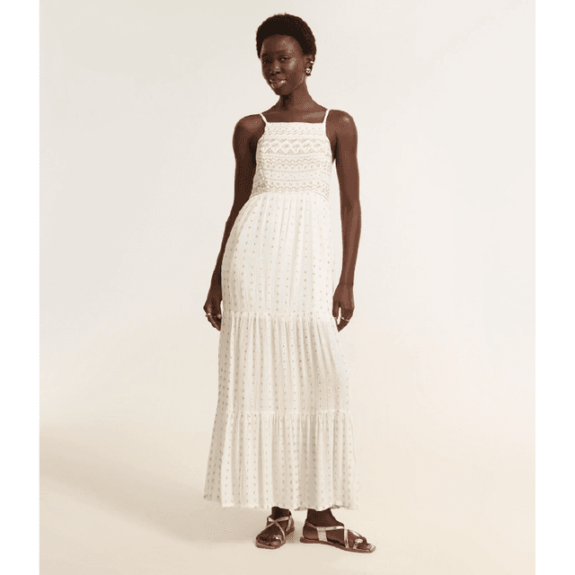 Vestido Longo em Crepe com Bordados Metalizados Branco