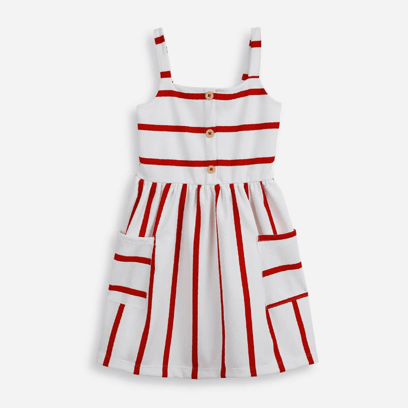 Vestido infantil listrado com bolso vermelho