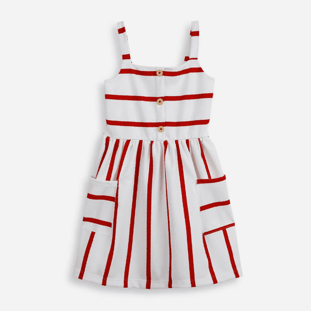 Vestido infantil listrado com bolso vermelho