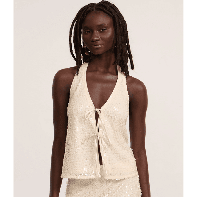 Blusa Frente Única em Paetê com Decote em V 