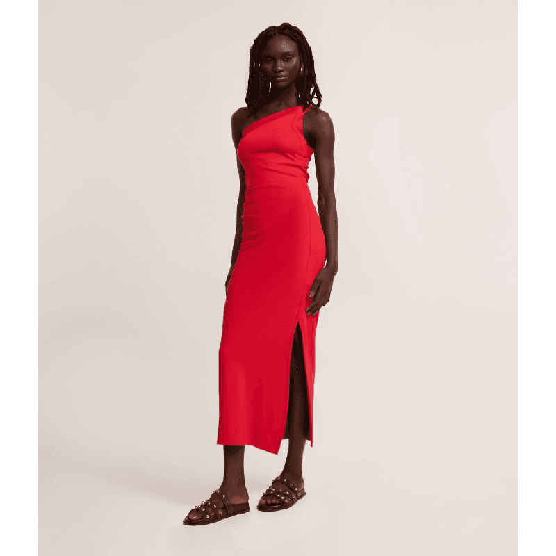 Vestido Long Midi com Ombro Só e Pregas Laterais Vermelho