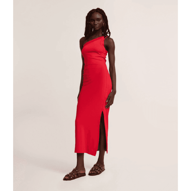 Vestido Long Midi com Ombro Só e Pregas Laterais Vermelho